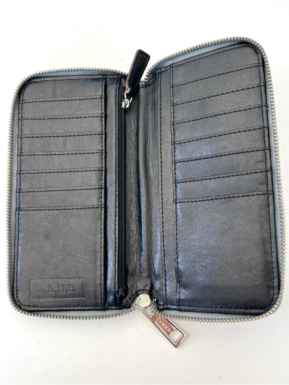 L.A.M.B. Gwen Stefani Gray Smooth Leather Black Logo Full Zipper Around Wallet